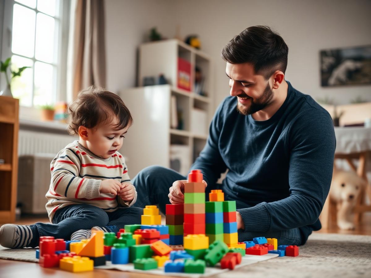 Pai brincando com o filho com blocos coloridos